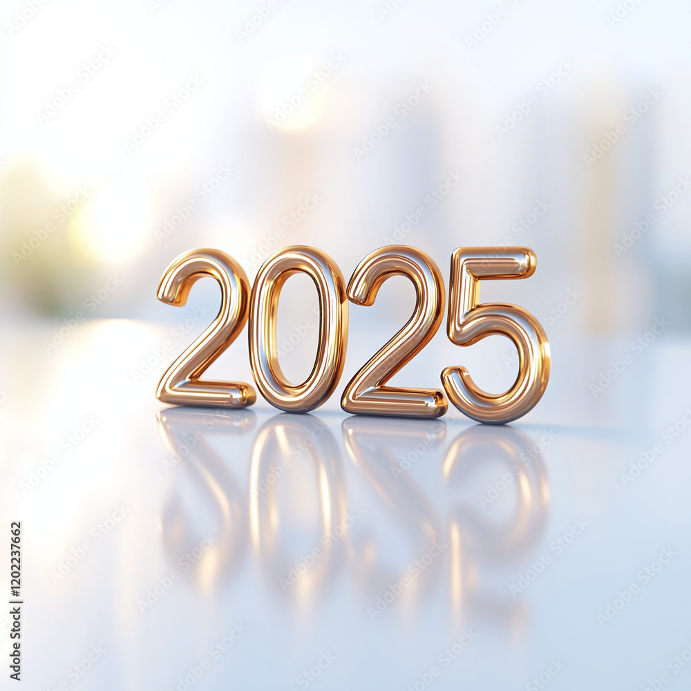 Poster 2025 golden number text on reflective surface, symbolizing upcoming year with modern and minimalisti