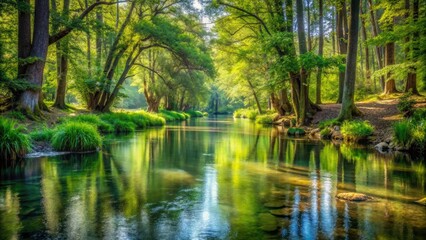Fototapeta premium A tranquil river flowing through a peaceful forest, surrounded by tall trees and aquatic plants, nature photography, tree line, river flow, waterway, outdoor scene