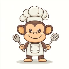 Chef monkey cooking, kitchen tools, white background, food illustration