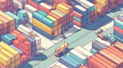 Fototapeta premium Logistics management flat design top view supply chain operations cartoon drawing colored pastel 