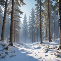 Naklejka premium A tranquil snowy forest with tall trees and a serene atmosphere, quiet woods, forest in snow
