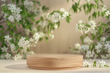 Fototapeta premium Elegant Wooden Round Display Surface with Fresh White Flowers