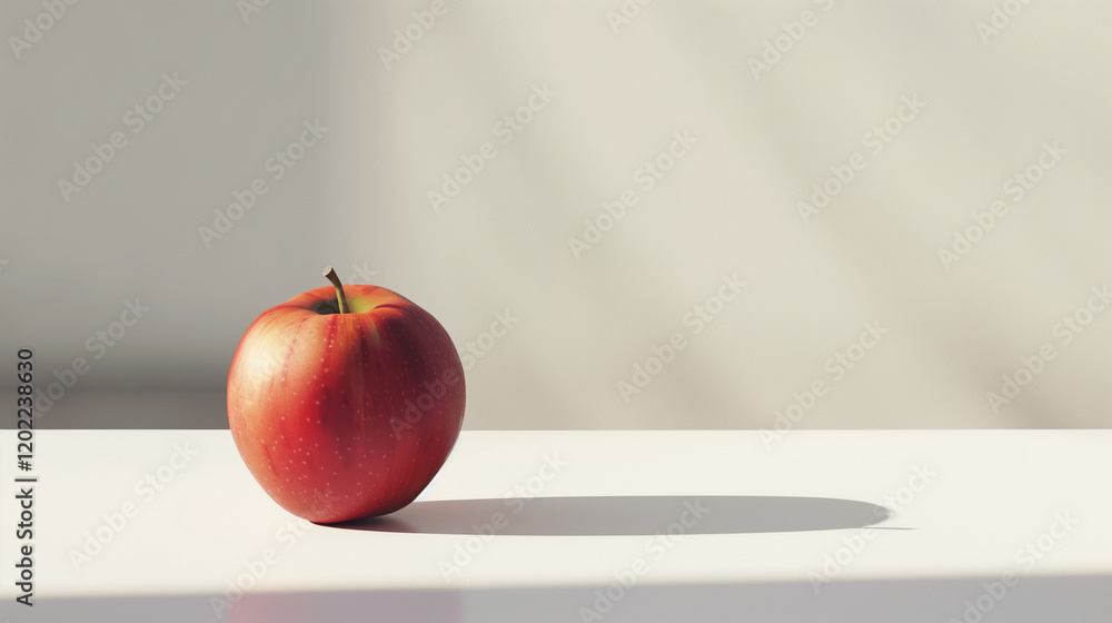 Poster a single red apple placed on a plain white table with a stark shadow.