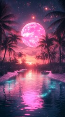 Naklejka premium Pink moonrise over tropical paradise