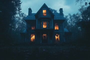 House with lit window at night