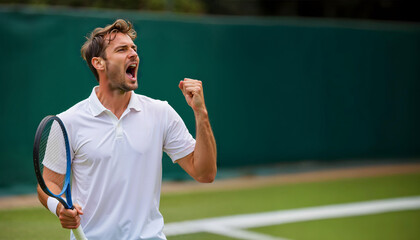 Male Tennis Player Celebrating Victory on a Court with Copy Space