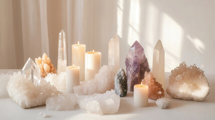 Serene candles and crystals arranged for meditation on a soft off-white surface in a calming indoor setting