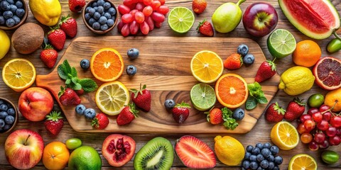 A variety of colorful fruits arranged on a wooden cutting board, plant based diet, organic produce