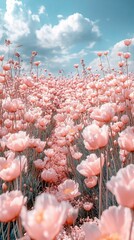 Pink flower field under a blue sky