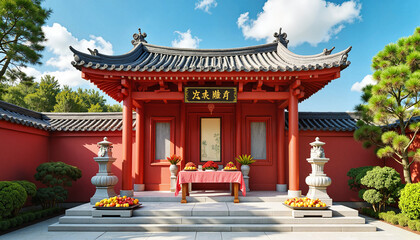 Naklejka premium Traditional Chinese shrine with Qingming offerings under blue sky, cultural reverence