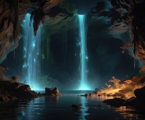 A vast cavernous space is illuminated by the gentle glow of bioluminescent organisms surrounding a shimmering waterfall, bio-luminescent, cavern