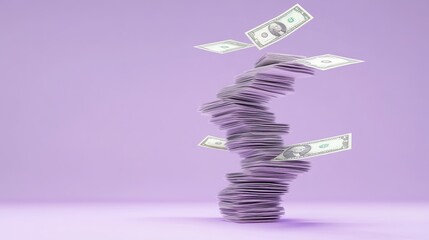 3D Flying Stack of Money on Purple Background, Cashless Society Concept, Money Spending, 3D Render Illustration.