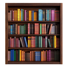 A dark brown wooden bookshelf displays a neatly organized collection of colorful books of varying sizes and colors.