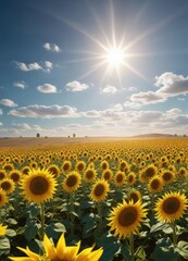 Obraz premium A vast field of sunflowers stretching towards the sky on a sunny day, field, summer