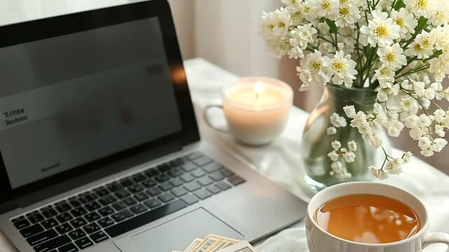 Virtual Tarot Reading Session on Laptop with Herbal Tea