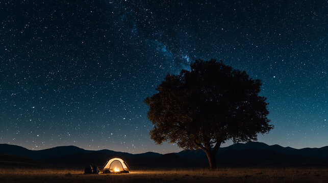 Camping under a starry sky in a tranquil landscape during a clear night in the mountains