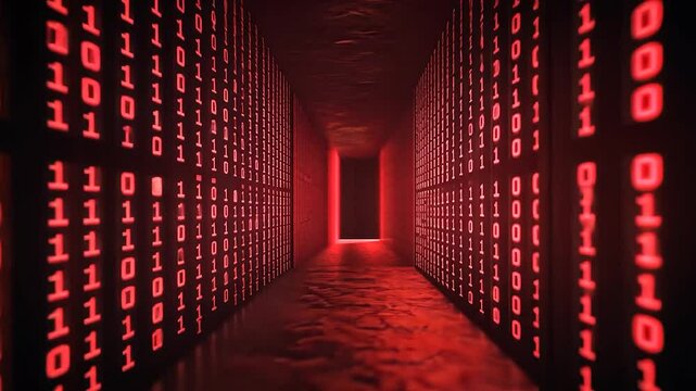 A futuristic data corridor illuminated by red binary code.