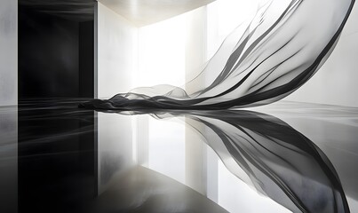 Abstract flowing black fabric against stark white background creating contrast and reflection