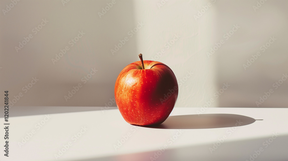 Aufkleber a single red apple placed on a plain white table with a stark shadow.