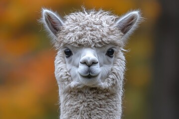 Fluffy White Alpaca Portrait Against Autumn Background