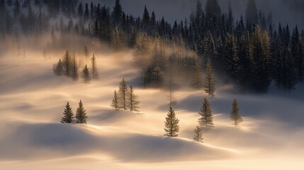 Fototapeta premium Morning light in a snowy field among dark evergreens