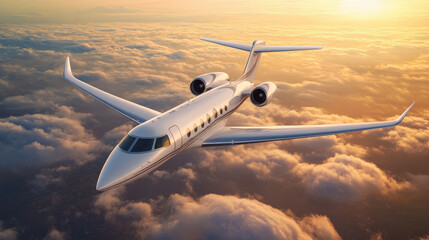 sleek private jet flying above clouds during sunset, showcasing luxury and elegance in aviation. warm colors of sky enhance serene atmosphere
