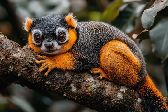 Golden mantled tamarin perched on a tree branch