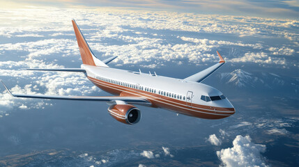 Fototapeta premium modern airplane flying above clouds, showcasing its sleek design and vibrant colors. scenic view includes mountains and beautiful sky, evoking sense of adventure and travel