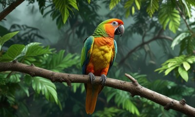 Obraz premium A vibrant parrot perched on a sturdy branch with lush green leaves, foliage, branch