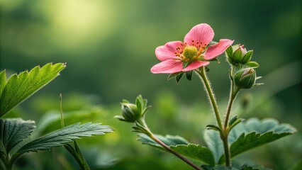 Fototapeta premium A vibrant pink strawberry flower against a soft focus background of lush foliage, botanical illustration, greenery