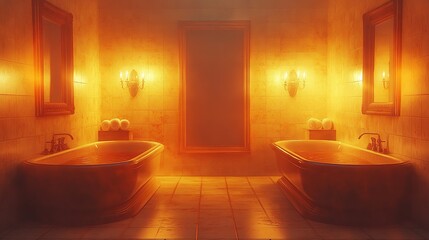 Candlelit twin bathtubs in foggy, ornate bathroom with mirrors