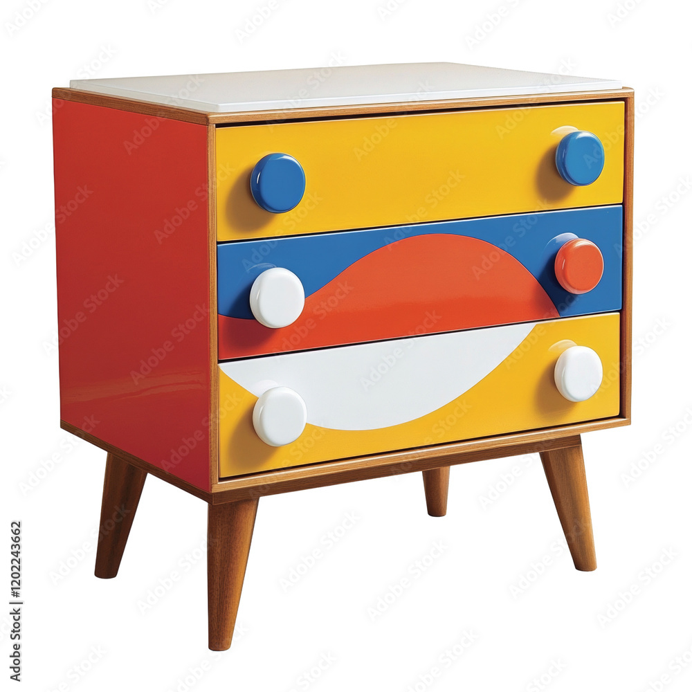 Poster a three drawer chest of mid century modern design features a colorful abstract pattern and wooden le