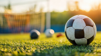 close up of soccer ball on grassy field, with goalposts in background, evokes sense of excitement and anticipation for game