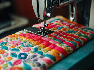 Máquina de coser cosiendo una ropa de diseño colorido
