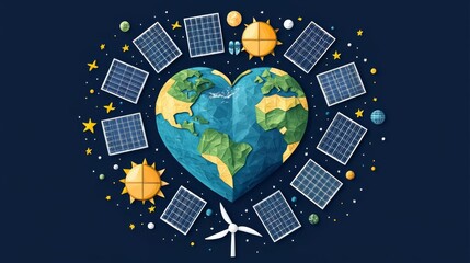 Fototapeta premium Heart-shaped earth with renewable energy icons.