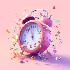 3D Render of a Minimal Alarm Clock with Colorful Floating Confetti on Transparent Background, Representing Time Management, Planning, and Wake-Up Reminder Concept.

