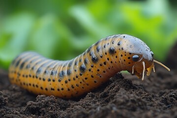 Large Yellow And Black Spotted Caterpillar Crawls On Soil