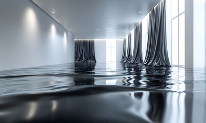 Minimalist room with a dark reflective surface and dark satin curtains, creating an abstract and modern atmosphere