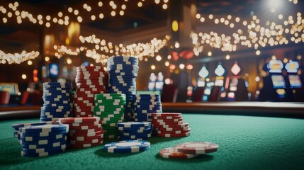 Casino Chips Stacked On Green Felt Table With Bokeh Lights In Background.