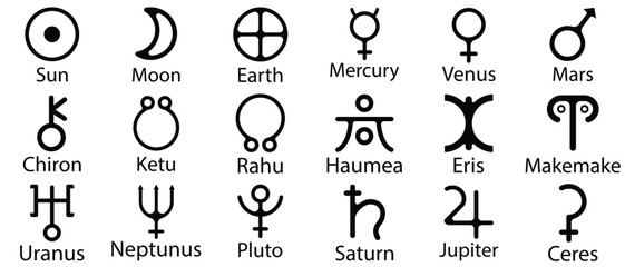 Set astrology and astronomy planet symbols. Outline icons, set of symbols for horoscope.Mystic planetary signs and symbols of ancient astrology and astronomy.   Simple alchemy icons, glyphs of planets © Quirk Craft Studio