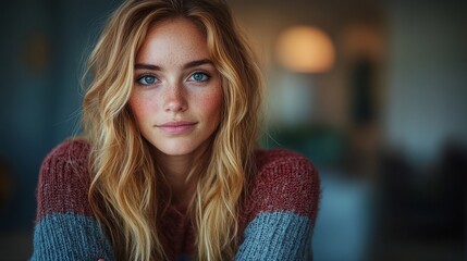 Obraz premium A young woman with striking blue eyes and tousled hair gazes thoughtfully, enveloped in a warm atmosphere of soft lighting and muted colors