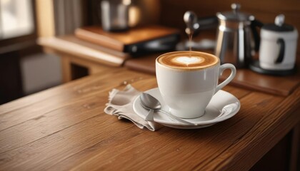 A warm and inviting cup of espresso topped with a layer of creamy foam on a wooden sideboard , table, espresso