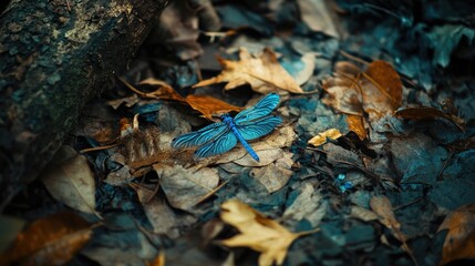 Blue dragonfly on leaf pile