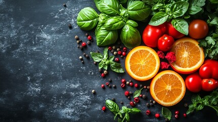 Healthy Food Background with Fresh Tomatoes, Oranges, and Basil
