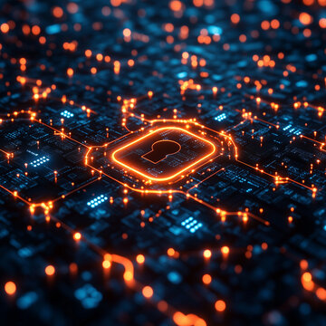 Abstract data protection icons floating around a central glowing lock, sleek digital style. Bright lighting, contrast