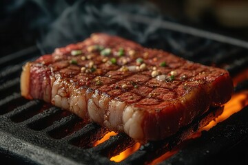 sizzling wagyu steak on rustic grill, flames dancing beneath, aromatic smoke rising, dramatic chiaroscuro lighting