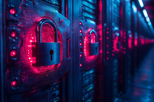 Secure server room with glowing padlocks on digital doors, abstract and sleek design. Bright lighting, contrast