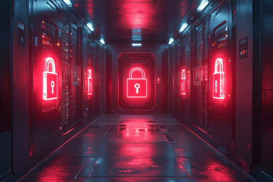 Secure server room with glowing padlocks on digital doors, abstract and sleek design. Bright lighting, contrast