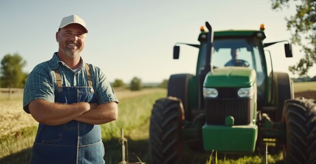 Un agriculteur heureux portant une salopette et une casquette, debout devant un tracteur vert, champ de culture en arri&egrave;re-plan.