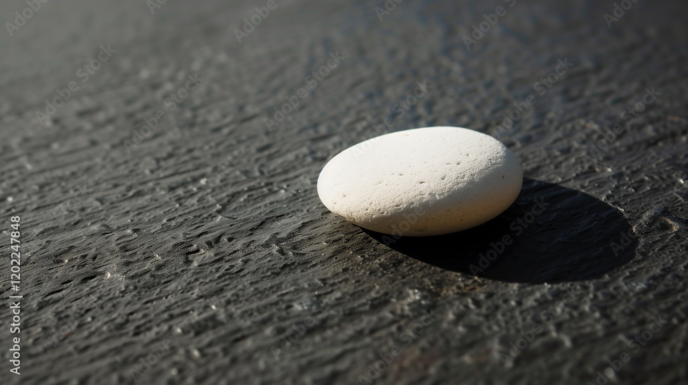 Poster a single, smooth white pebble centered on a black surface, casting a soft shadow.